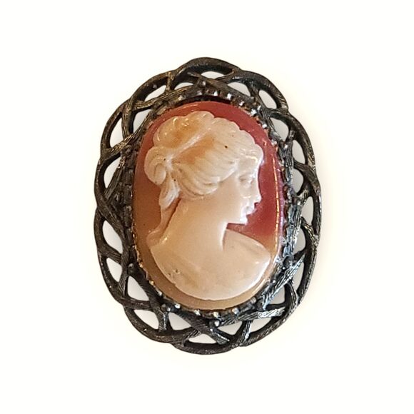 Vintage Pink Carved Shell Lady Cameo Brooch Pin Bronze Tone Frame - Picture 5 of 7